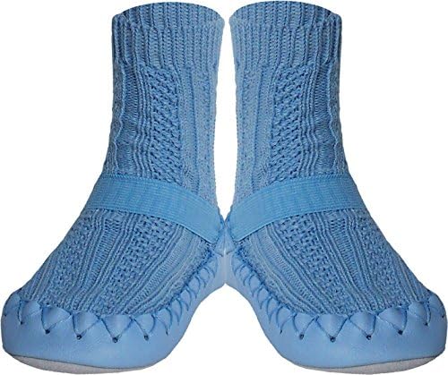 Konfetti Cable Knit Swedish Moccasin with Ankle Strap, Light Blue