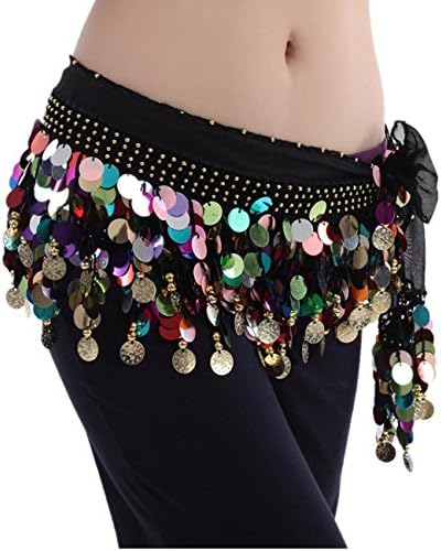 Belly Dancing Belt Colorful Waist Chain Belly Dance Hip Scarf with Sequins and Dangling Gold Coins , black