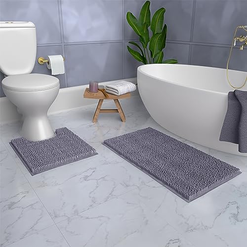 LuxUrux Bath Mat Set, Luxury Chenille (2-Piece) Soft Plush Anti-Slip Rug + Toilet Mat.1'' Microfiber Shaggy Carpet, Super Absorbent (Dark Grey, 80 x 50 cm + U Shaped 50 x 50 cm)