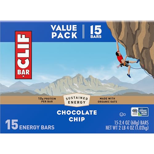 CLIF BAR – ENERGY PROTEIN BARS – CHOCOLATE CHIP – MADE WITH ORGANIC OATS – ENERGY BARS – NON-GMO – (15 PACK)