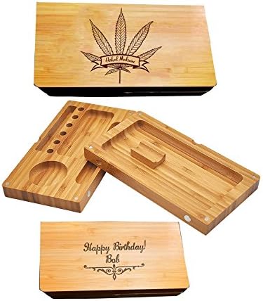 High Quality 2 Piece Layer Back Flip Magnetic Bamboo Rolling Tray Converts to Stash Box for Tobacco-Laser Engraved,Personalize Back of the Rolling Tray with your Name,Initial-Massage-Medicinal Leaf