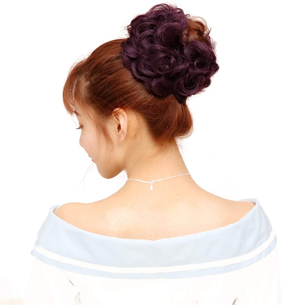 Super Thick Scrunchies Extension Curly Messy Bun Hair Pieces for Women Donut Updo Ponytail Hair Chignons Dark Purple