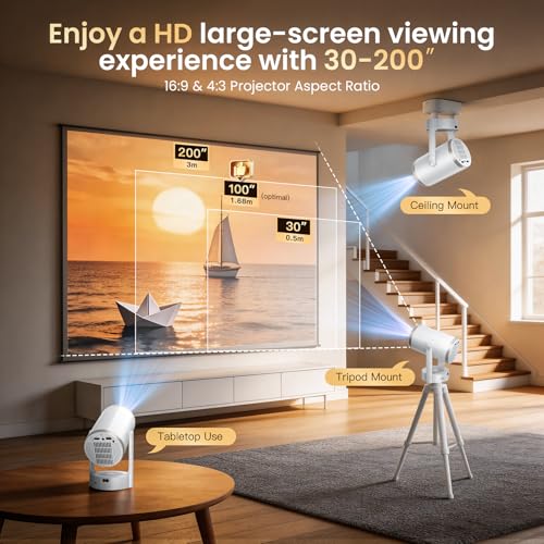 Projector HD, 1080P 4K Support Mini Projectors Auto Focus & Keystone 22000 Lumen 260 ANSI Bightness WIFI 6 & Bluetooth 3 Mount Way 180° Rotatable 30-200" Theatre for Match Game/Bedroom/Outdoor