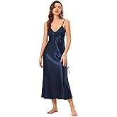 cheibear Women's Satin Pajama V Neck Nightdress Soft Midi Lounge Dress