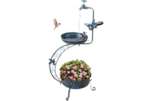VEWOGARDEN Blue Bird Baths for Outdoors Metal Garden Bird Bath with Solar Lamp Vintage S Birdbaths with Flower Planter Pedestal Standing Bird Feeder(36" H * 19.6" W)