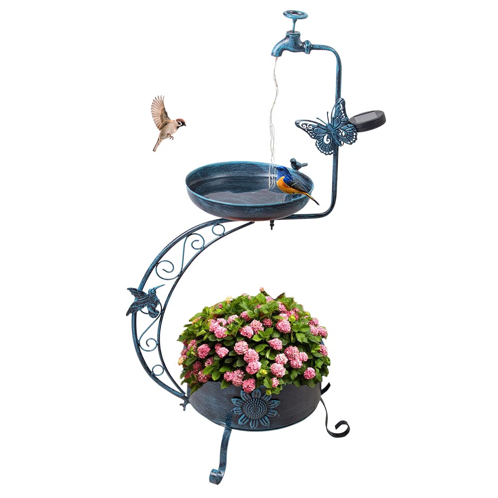 Photo 1 of VEWOGARDEN Blue Bird Baths for Outdoors Metal Garden Bird Bath with Solar Lamp Vintage S Birdbaths with Flower Planter Pedestal Standing Bird Feeder(36" H * 19.6" W)