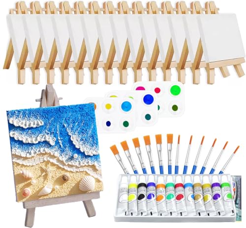 14 Mini Lienzos y Bastidores,Mini Lienzos y Caballetes con 14 Caballete,14 Pinceles, 3 Paletas de Arte y 12 Mini Pinturas Acrílicas, Juego de Caballete de Pintura, Ideal para Casa,Escuela(8×8 cm)