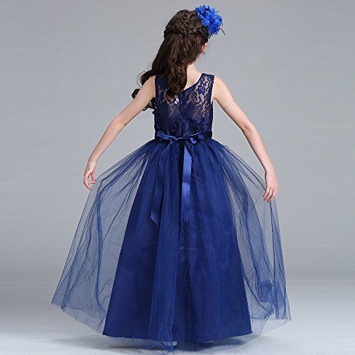 Acecharming Girls Lace Bridesmaid Wedding Dress with Bowknot Princess Prom Party Tulle Gown for 9-10 Year (Navy Blue) - Thumbnail 5