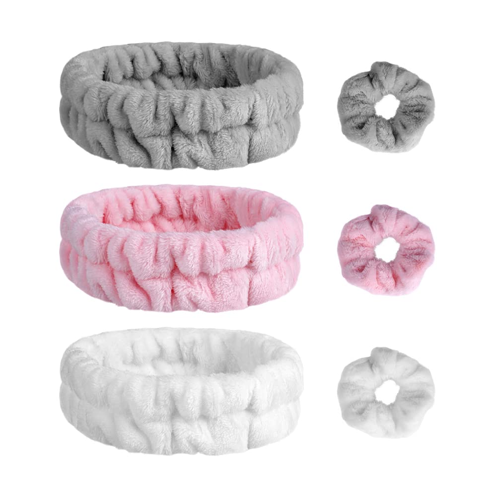 AOMIG Spa Headbands for Women, 3 Pack Fluffy Headband for Washing Face, Elastic Bowknot Hair Bands with 3 Hair Ties, Coral Fleece Women & Girls' Head Band for Makeup, Shower, Sports