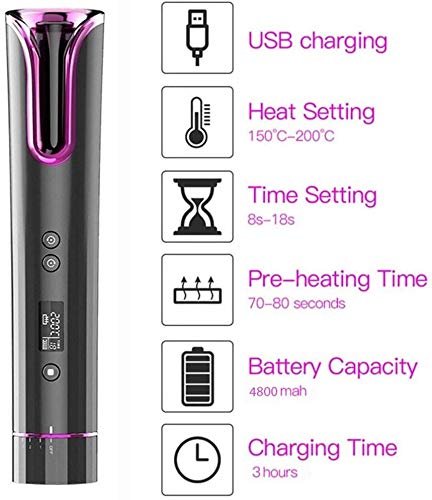 Cordless Hair Curler Automatic Curling Iron with LCD Display for Long Hair Portable USB Rechargeable Auto Shut-Off Curling Wand