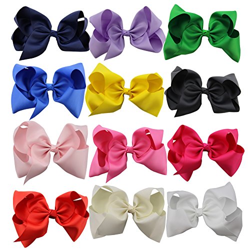 QtGirl 12pcs 8 Inches Hair Bows for Girls Large Grosgrain Ribbon Boutique Hair Bow Clips for Teens Kids Toddlers Children