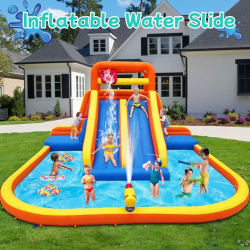 HuaKastro 15.6x15FT Giant Water Slide for Big Kids 5-12, Inflatable Water Park with Big Splash Pool, Dual Tall Slides & 2 Climb Walls for Racing Fun, W/Surprise Water Dump Bucket, Hide&Seek Cave