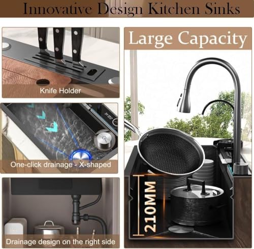 Stainless Steel Waterfall Kitchen Sink – Single Bowl with Thermostat Switch & Handwheel, 80×46×22cm