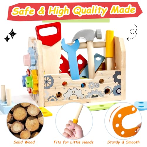 Wooden Car Tools Box, 39 Pieces Construction Games with Children's Apron, Tools Car Toys Children 2 Years Montessori Educational Games, Gift Boy Girls 2 3 4 Years