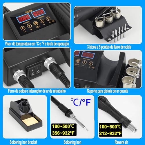 Solda, Ferro de Solda Termostática Inteligente, 110V Estação de Retrabalho, Estação de Solda, Kit de Estação de Retrabalho de Ar Quente 2 em 1, Função de Ar Quente, Equipado com 3 Bicos de Ar Quente