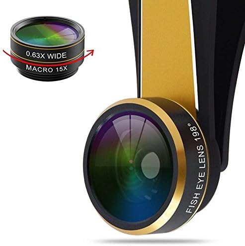 ZiKON 3 in 1 Cell Phone Camera Lens Bundle with 198 Degree Fisheye Lens, 15X Macro Lens, 0.63X Wide Angle Lens and Accessories for Smart Phones - Gold