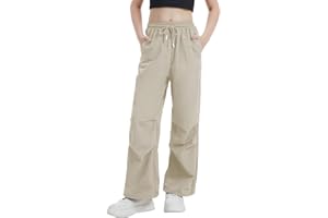 Hvididan Girls Parachute Cargo Pants Size 14 Drawstring Waterproof Causal Hiking Pants for Girl Khaki Pockets Lightweight Running Joggers