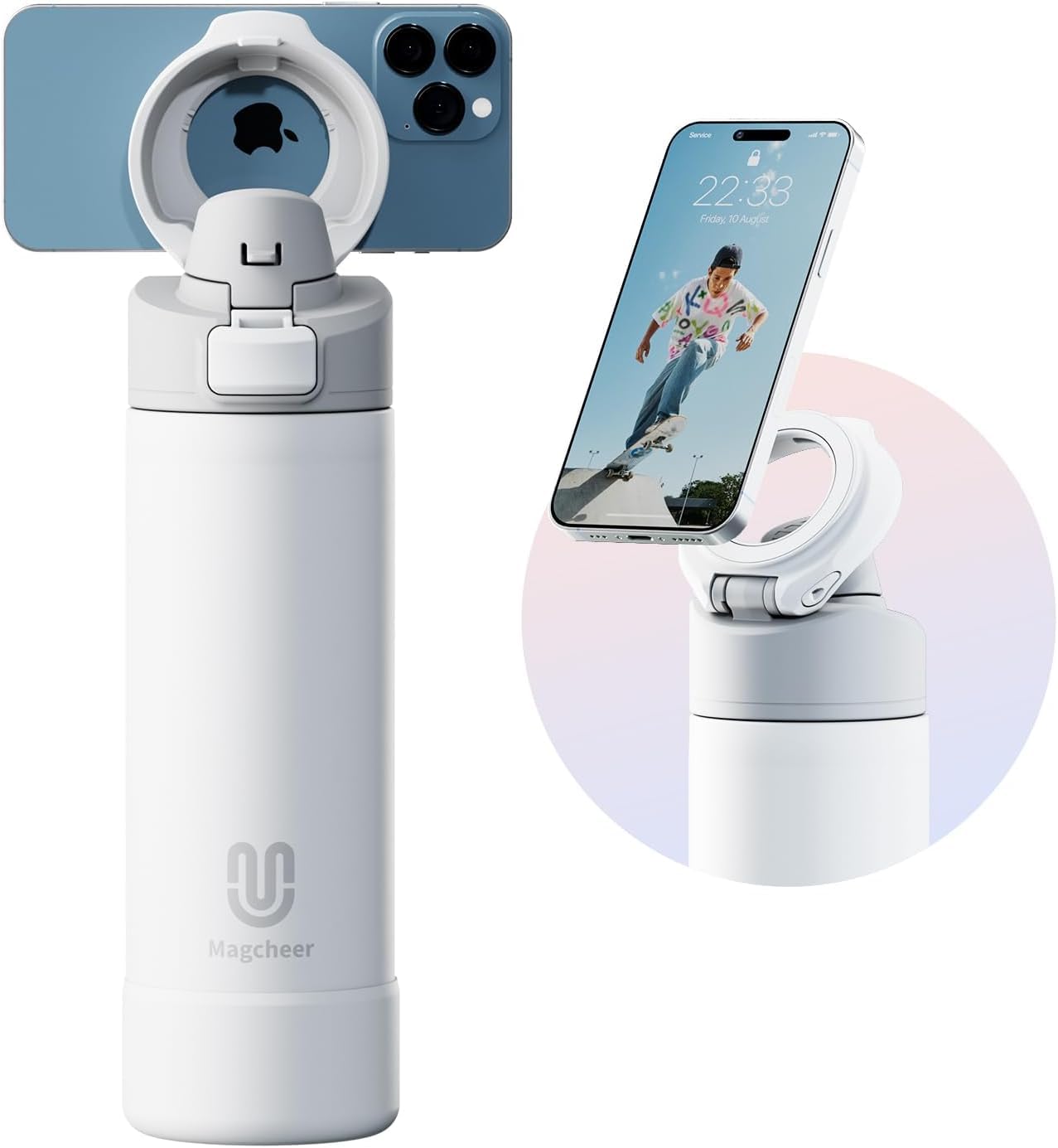 magcheer 750ml Magnetic Water Bottle with Phone Holder Compatible with MagSafe Insulated Gym Cold Drink Bottle for 24 Hours Tripod Bottle for Travel & Fitness Selfie(White)
