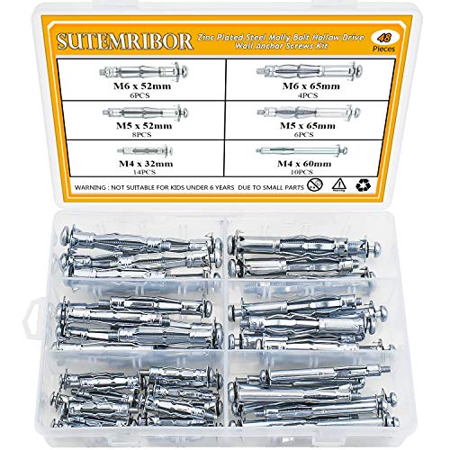 Sutemribor 48Pcs 6 Sizes Heavy Duty Zinc Plated Steel Molly Bolt Hollow Drive Wall Anchor Screws Assortment Kit for Drywall, Plaster and Tile