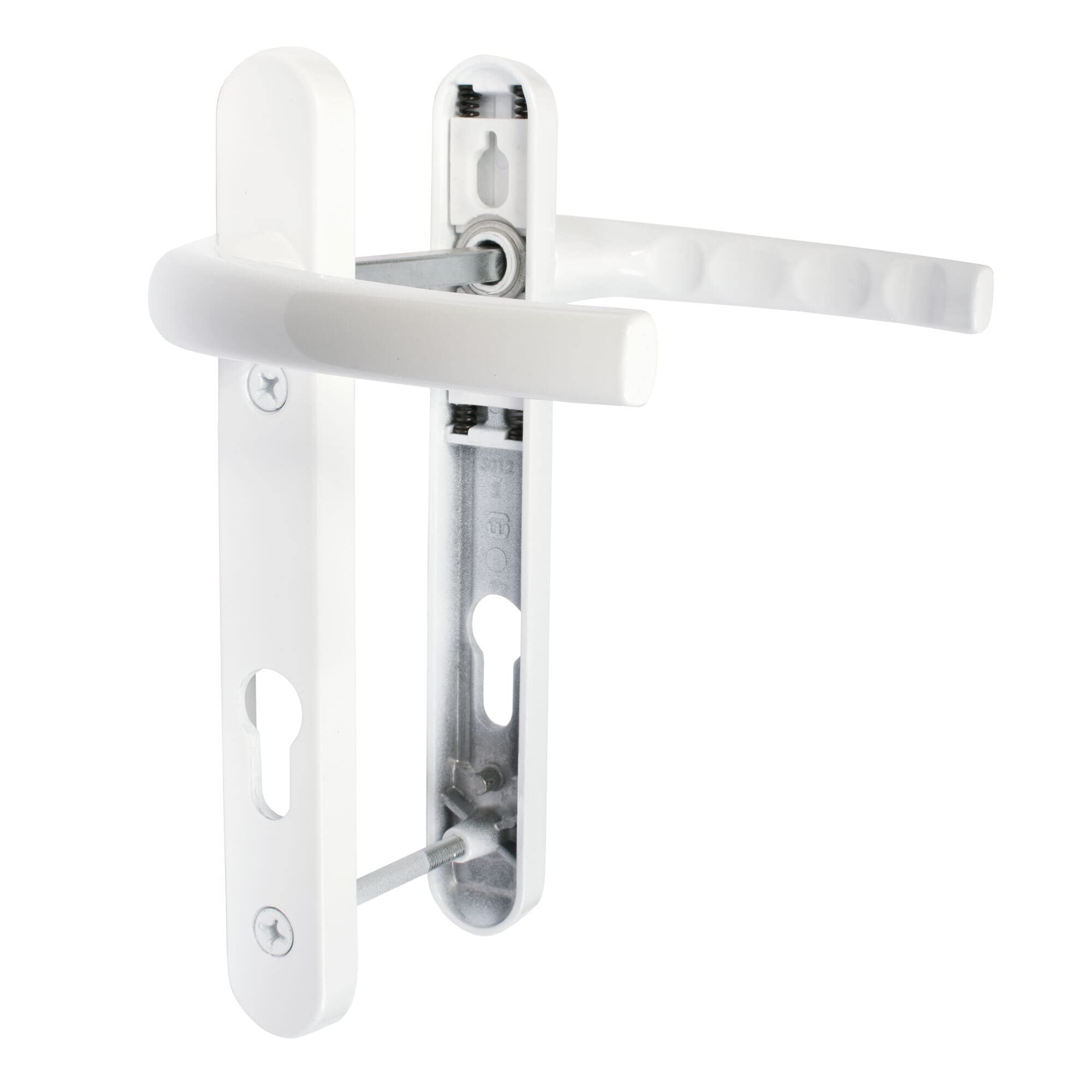 JCP uPVC Door Handle Pair, 122mm Screw Centres, 92 mm PZ Sprung Set, 220mm X 30mm Backplate, White