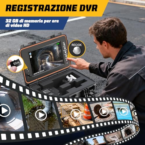 Dnenellr Tube Inspection Camera, 7 mm Thick Cable with Metric Signs, with 512Hz Probe and Auto-Leveling Function 1080P, 9 Inch IPS HD Screen Cable, 32GB DVR, 5100mAh Battery, IP68 (30M)