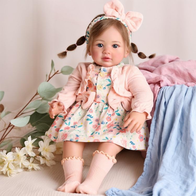 Brastoy Bebê Reborn Boneca Silicone Menina Olhos Azuis Realista Pintado Original 55cm Tranças de cabelo (Menina Urso)
