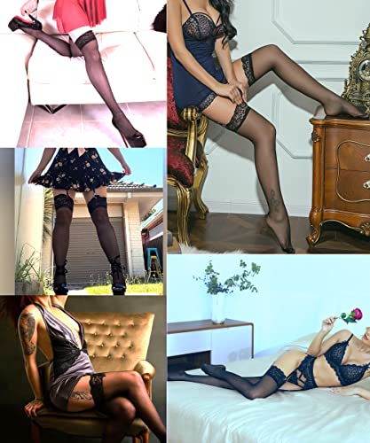 Lidogirl Women Sheers Lace Top Silicone Thigh High Stockings Tree Black At Women's Clothing Store