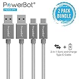 PowerBot PB303 2-Pack Data Sync 2.4A Charging Cable 5Gbps High-Speed USB 3.1 Type-C to USB 3.0 Type-A 4 Feet 1.2 Meters Braided Nylon w/ Aluminum Connector for MacBook, Google Nexus, LG G5, Lumia