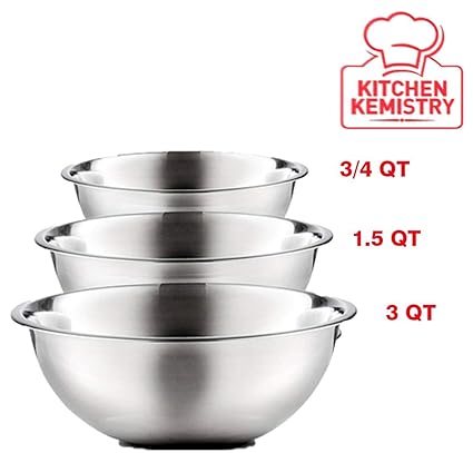 KItchen Kemistry 100% Stainless Steel Mixing Bowl,Solid and Durable, Mirror Finish, Flat Bottom