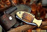 DKC Knives (12 7/18) DKC-593 SUN FISH Mouth Open Bass Trout Fishing Pocket Folding Damascus Hunting Knife Brass & Bone Folded 9.5oz 4.5