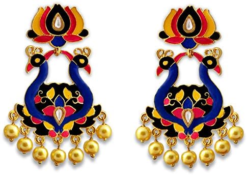 MK Jewellers Designer Multicolour Meenakari Peacock Shape Kundan Brass Earring for Women (Multicolour)