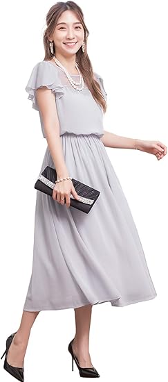 Amazon ユーカラー パーティードレス ワンピース ドレス ミモレ丈 ロングドレス シフォン フリル袖 フレアドレス フォーマル レディース 半袖 パーティードレス 通販