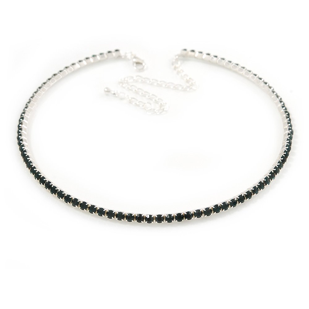 Avalaya Dark Green Crystal Choker Necklace/Silver Tone/35cm L/ 11cm Ext