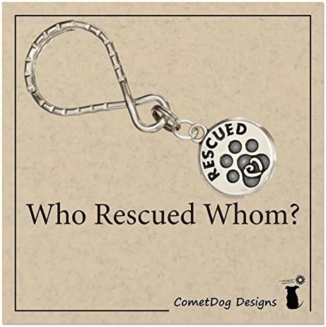 Sterling Silver Dog Paw Print "Rescued" Tag on Stainless Steel Teardrop Key Ring