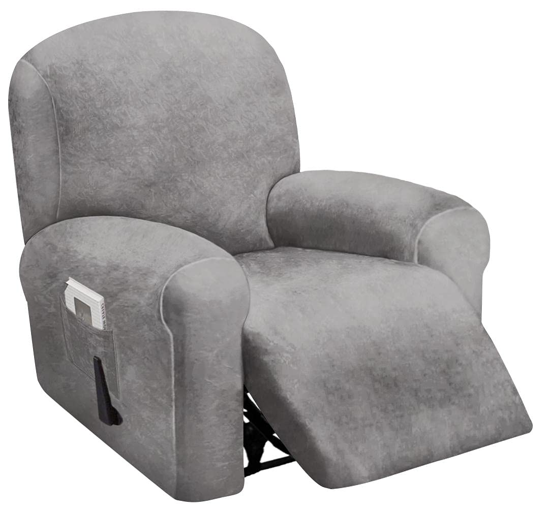 Photo 1 of ULTICOR 4-Piece, 1 Seat Recliner Cover, Velvet Stretch Reclining Chair Covers for 1 Cushion Reclining Sofa, Single Seat Recliner Couch Cover, Thick, Very Soft, Machine Washable (Light Grey)