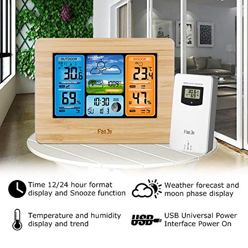 FanJu Color Weather Station with Temperature and Humidity Monitor, Weather Forecaster, Alarm Clock, Moon Phrase (Yellow)