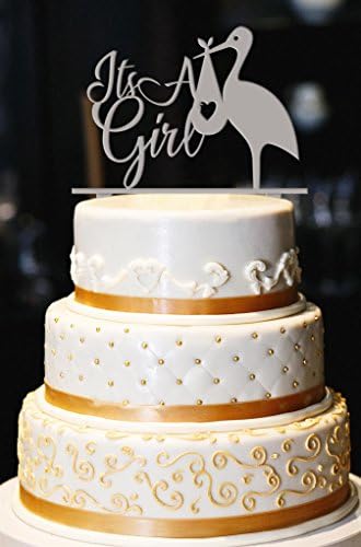 It's A Girl Cake Topper, Stork Cake Topper, Baby Shower Cake Topper, Gender Reveal Cake Topper, Baby Shower Decor (11", Silver)