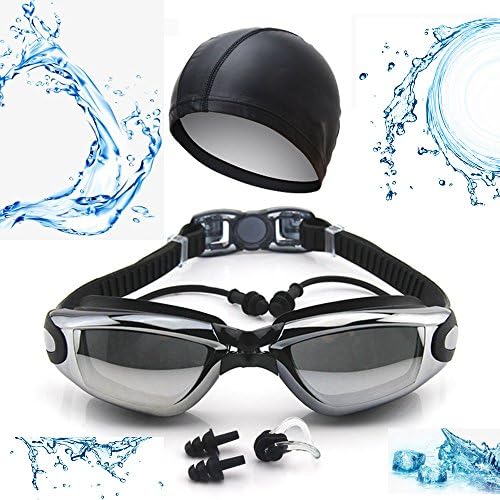 Swimming Goggles with Swim Cap + Ear Plugs+ Nose Clip+ Case, Swim Goggles No Leaking + Anti-Fog + UV Protection,Swim Kit For Unisex Men Women Youth Kids