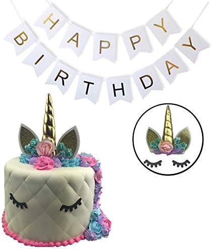 Unicorn Cake Topper Birthday Party Kit (Set of 3) Small Horn Eyelashes Banner | Choose Gold or Pink Decoration Supplies | Fun Kid’s Décor for Parties