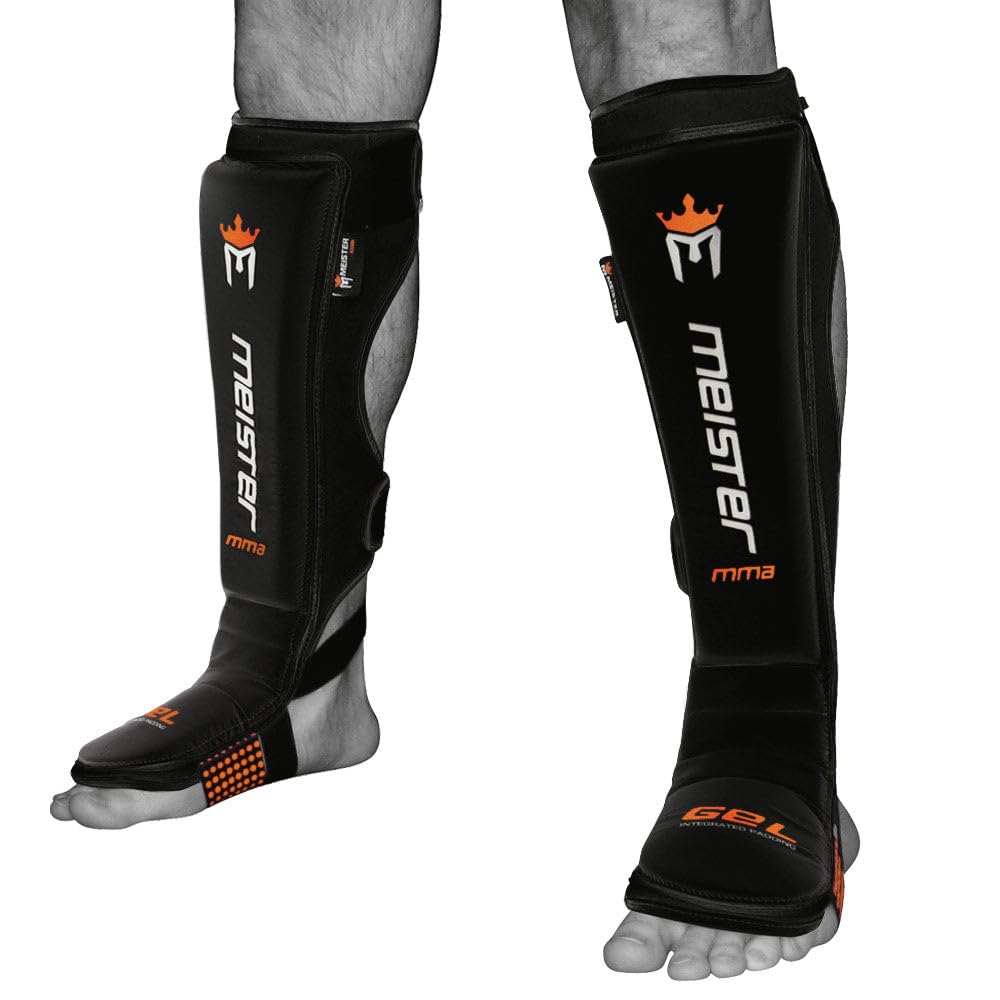 Meister MMA EDGE Leather Instep Shin Guards w/Gel Padding (Pair) - Black - Small/Medium