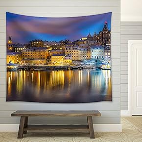 Beautiful Winter Night Snowy Scenery of Slussen District - Fabric Wall Tapestry Home Decor - 51x60 inches