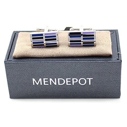 MENDEPOT Classic Rhodium Plated Rectangle Multi Color Stripes Cufflinks With Box