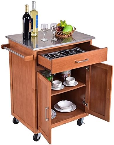 Rolling Wooden Kitchen Island With Drawer And Shelves Storage Cabinet Utility Cart Dining Trolley Stainless Steel Top Large Storage Space Easy To Move Around Home Kitchen Modern Furniture Decoration