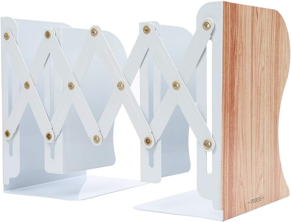Bookends PINREK Book Stand Retractable Book Holder Metal Iron Adjustable Nonslip Bookshelf for Students Bedroom Library Office School Supplies Stationery Gift(Wood Grain)