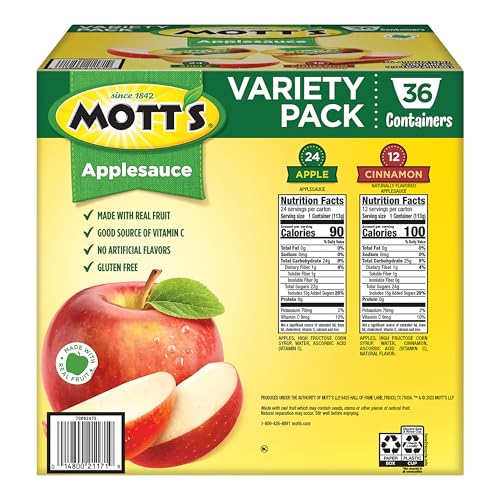MOTT’S APPLE & CINNAMON VARIETY PACK APPLESAUCE, 4 OZ CUPS, 36 COUNT, NO ARTIFICIAL FLAVORS, GOOD SOURCE OF VITAMIN C, NUTRITIOUS OPTION FOR THE WHOLE FAMILY