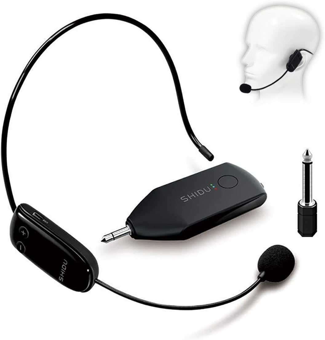 Wireless Microphone Headset Rechargeable Transmitter with Receiver Headset and Handheld 2 in 1 UHF External Mic for Voice Amplifier, Portable Pa system, Stage Speaker, Mixer, etc