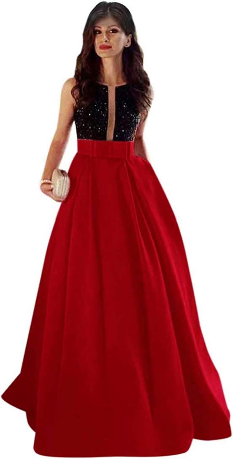 Jazylynbride A-line Long Sleeveless Beaded Satin Evening Dress with Pockets Formal Party Gown