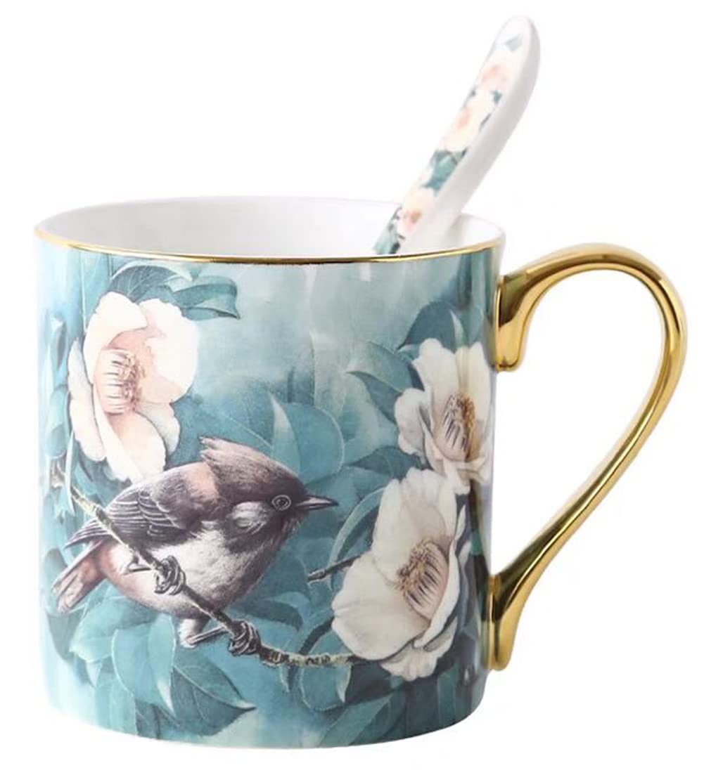 YBK Tech Bone China Porcelain Tea Cup, 12oz Coffee Mug for Home Kitchen Office - Birds Patterns (Turquoise/Green) — image 1