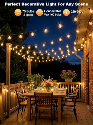 LaPitio Outdoor Light Chain 45.7 m IP45 Waterproof Connectable Outdoor Lights with 75 + 2 G40 Shatterproof Plastic Bulbs, Warm White 2700 K for Garden, Patio, Parties, Weddings