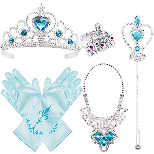 Princess Dress Up Costume Accessories Elsa Set For Princess cosplay Gloves Tiara Wand and Necklace(5 Pieces)